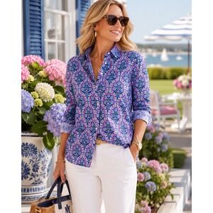 Mary Marshmallow Floral Boyfriend Shirt Button Down Blouse Boho Preppy Pink M